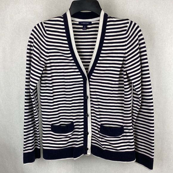 Lands’ End Cardigan Sweater Striped Small 6-8 Nautical Navy White Button Front - Picture 1 of 8
